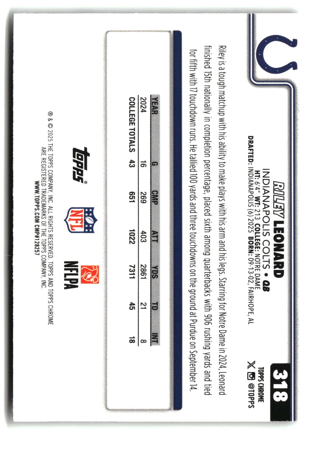 Riley Leonard 2025 Topps Chrome #318