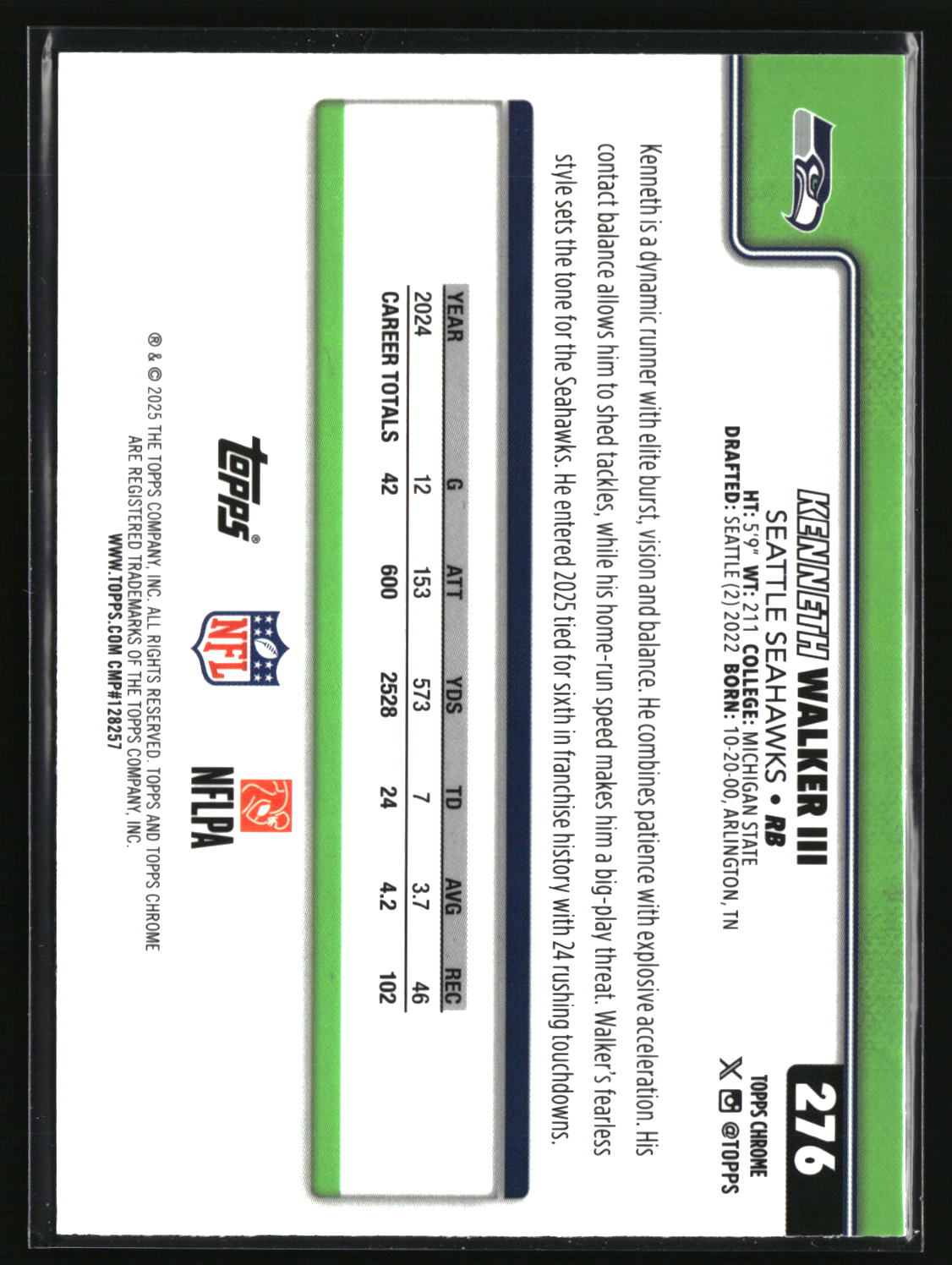 Kenneth Walker III 2025 Topps Chrome Red White and Blue Refractor #276