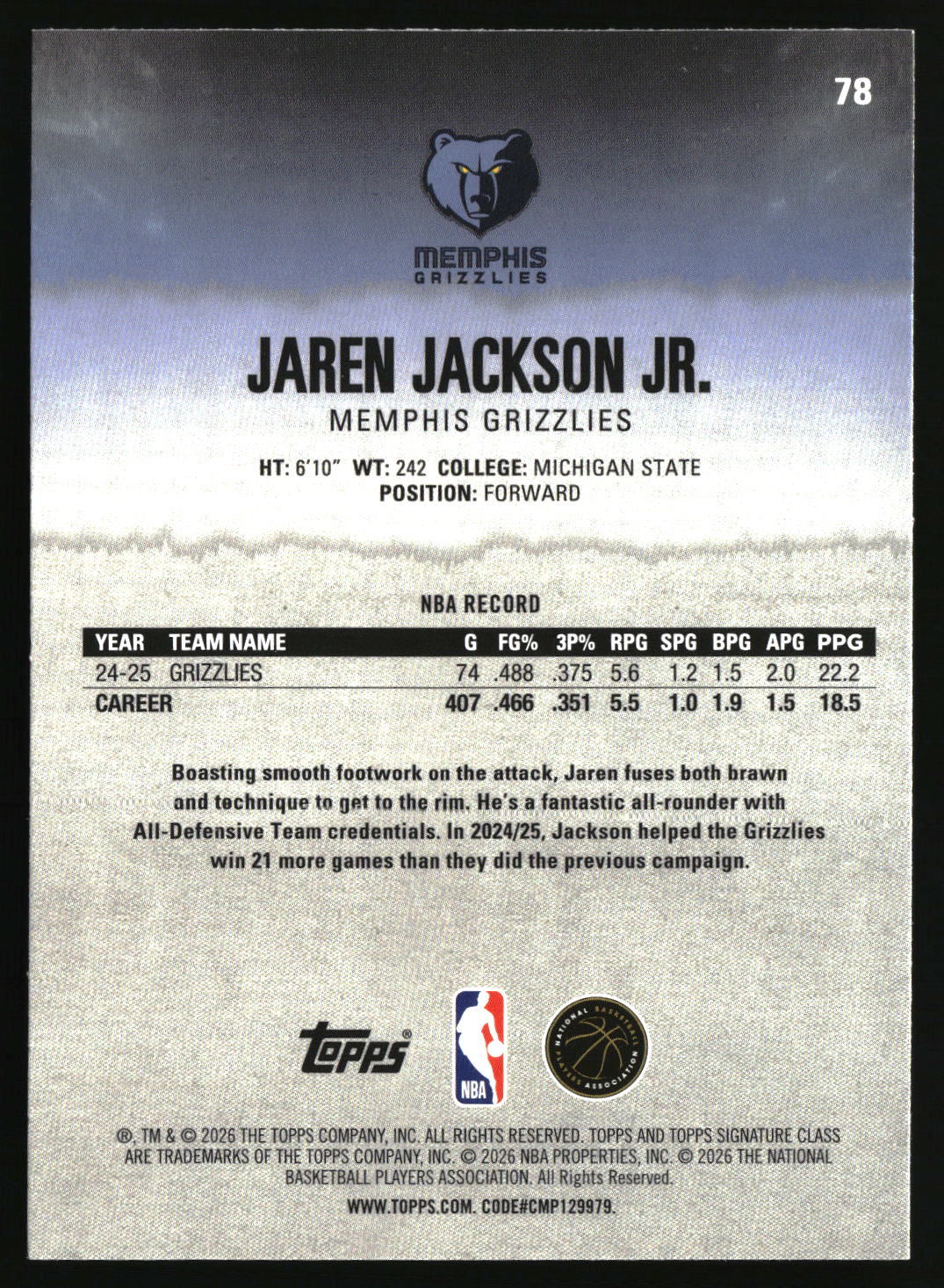 Jaren Jackson Jr. 2025-26 Topps Signature Class #78