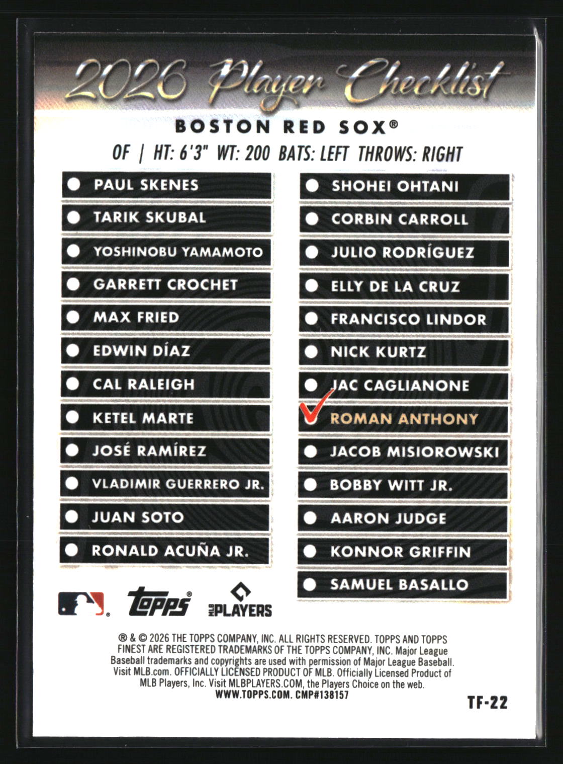 Roman Anthony 2026 Finest Topps Team Finest #TF-22