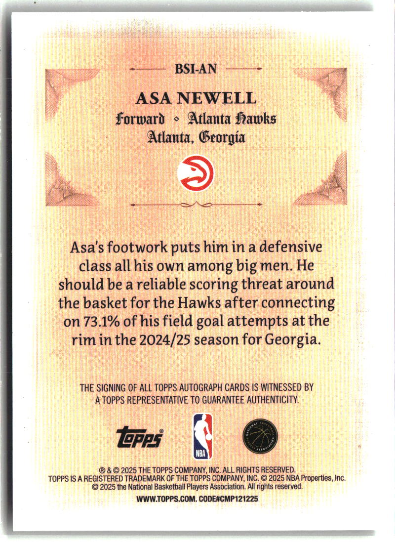 Asa Newell 2025-26 Topps Signed and Sealed #BSI-AN