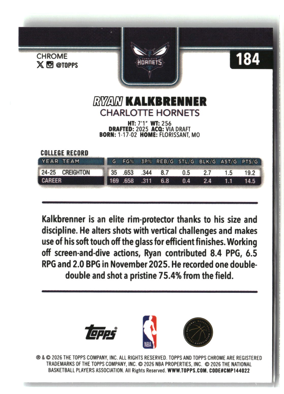Ryan Kalkbrenner 2025-26 Topps Chrome Update #184