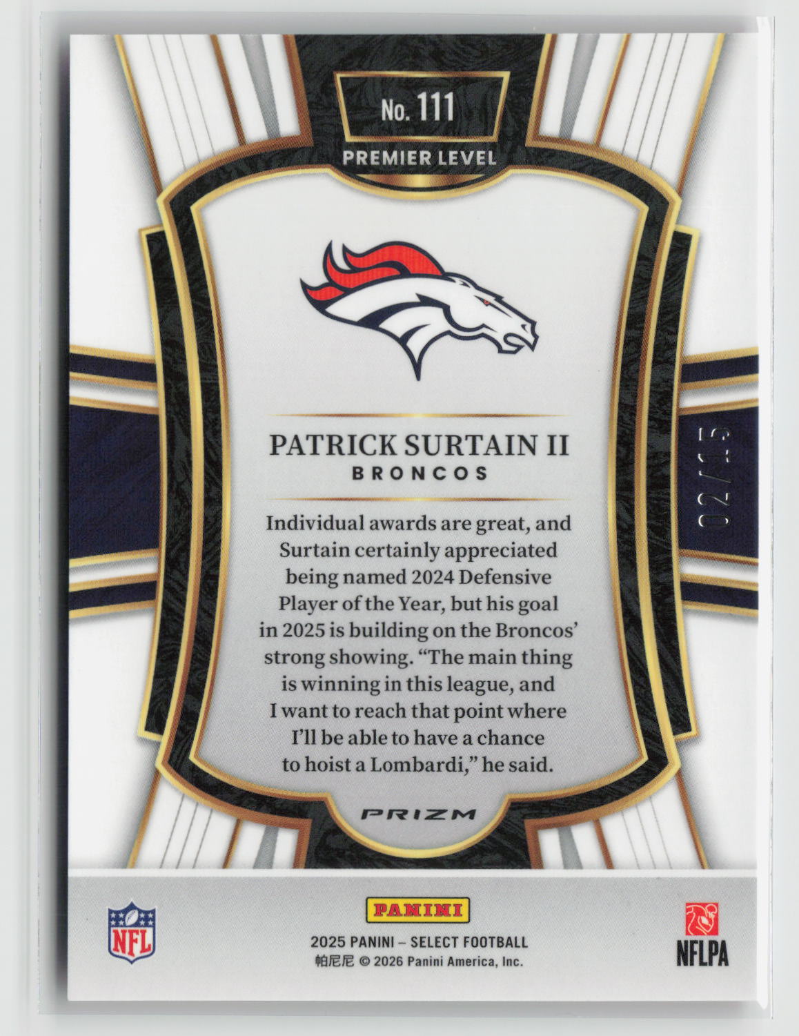 Patrick Surtain II 2025 Panini Select Pink Glitter Prizm #111 #/15