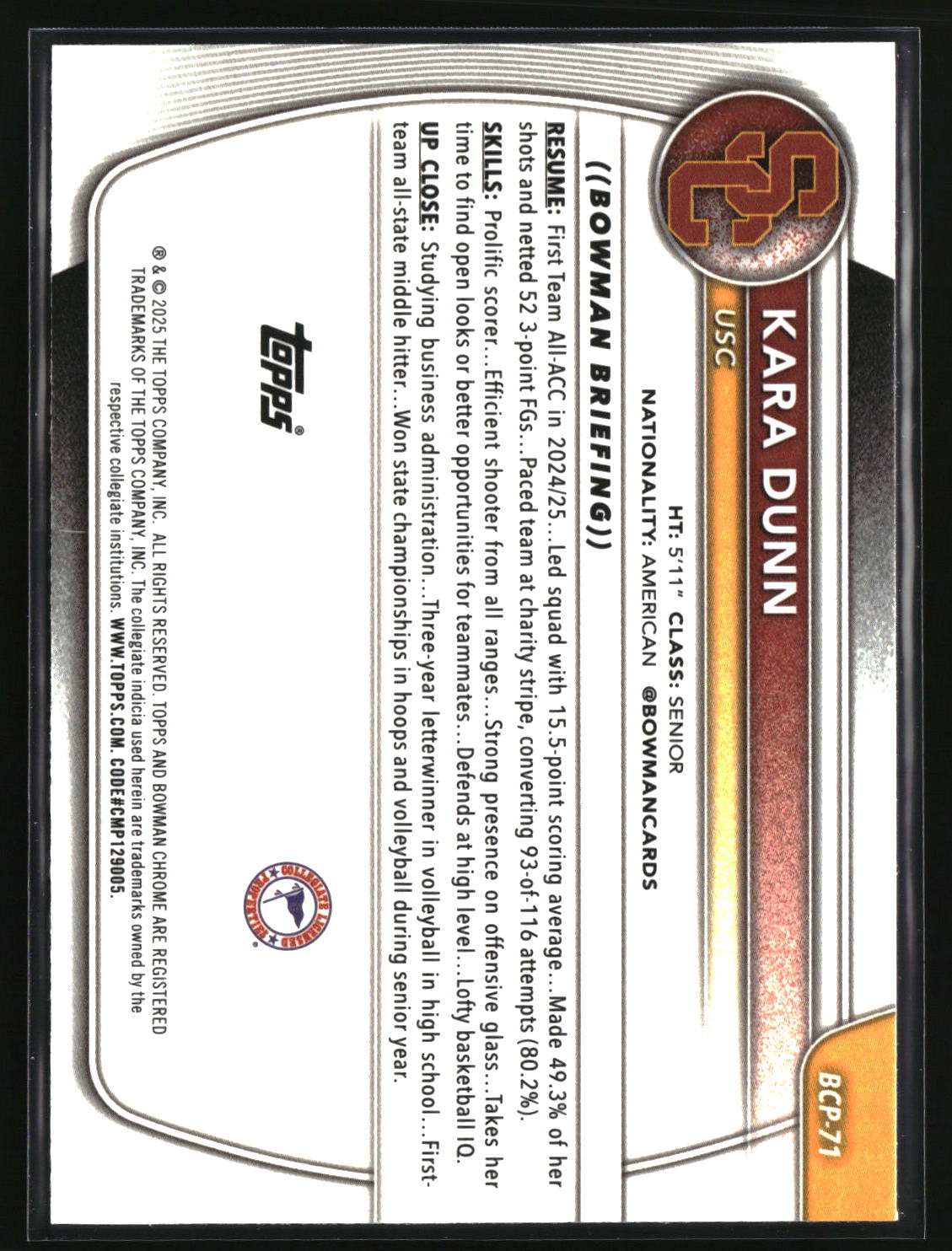 Kara Dunn 2025-26 Bowman Chrome Prospects Reptilian Refractor #BCP-71