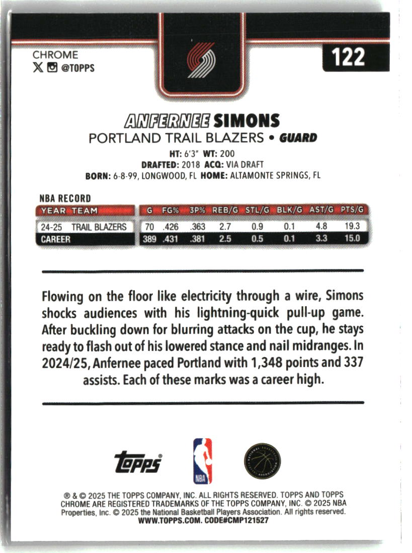 Anfernee Simons 2025-26 Topps Chrome Prism Refractor #122
