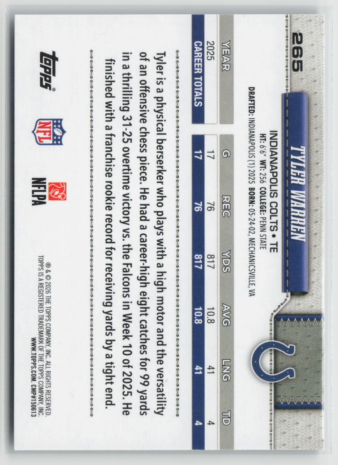 Tyler Warren 2026 Topps Flagship Rainbow Foil #265