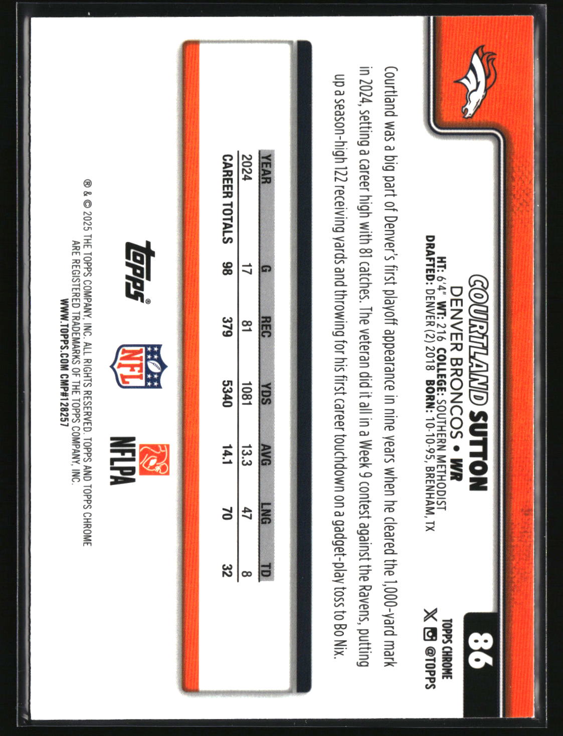 Courtland Sutton 2025 Topps Chrome Ray Wave Refractor #86