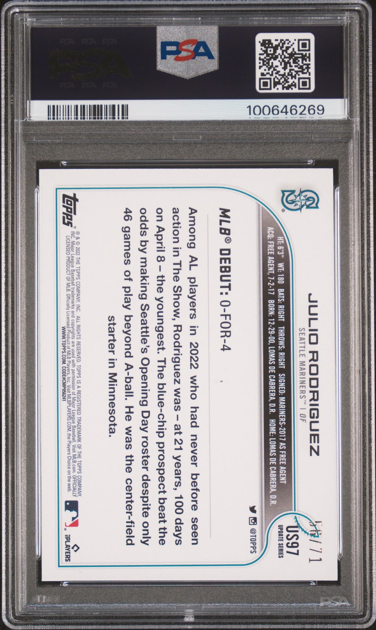 Julio Rodriguez 2022 Topps Update Black #US97 #/71 PSA 8
