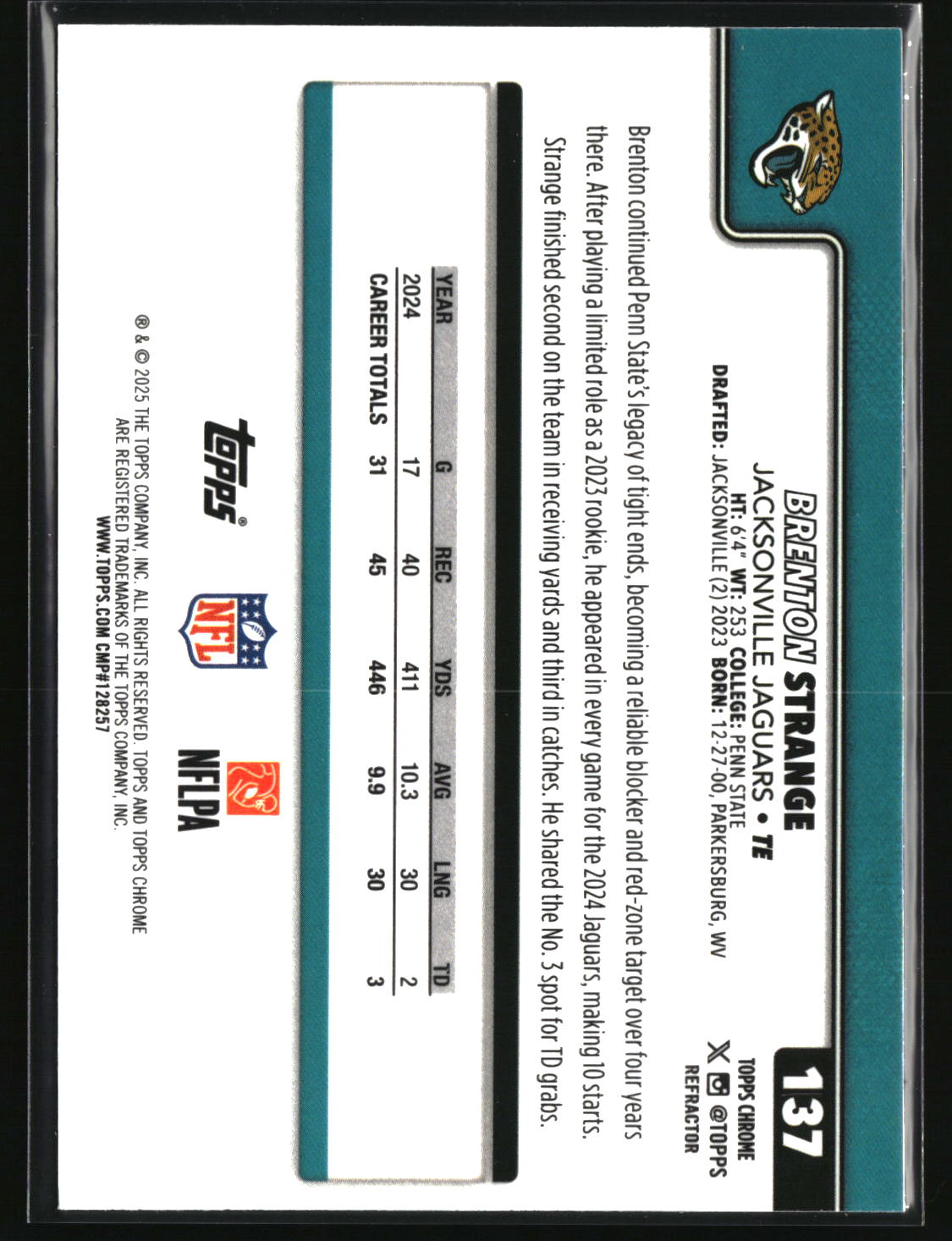 Brenton Strange 2025 Topps Chrome Refractor #137