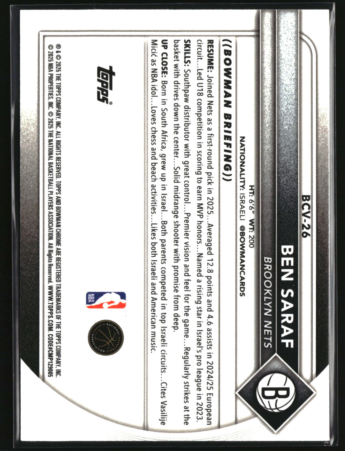 Ben Saraf 2025-26 Bowman Chrome Reptilian Refractor #BCV-26