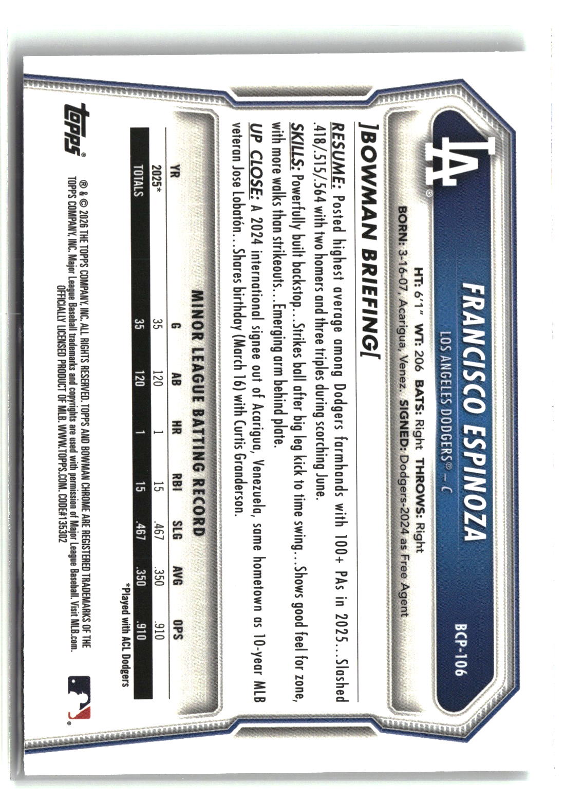 Francisco Espinoza 2026 Bowman Chrome Prospects #BCP-106