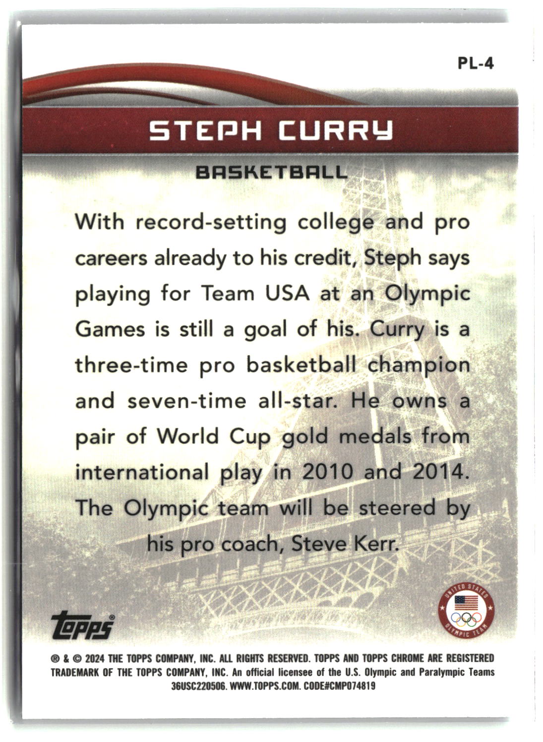 Stephen Curry 2024 Topps Chrome U.S. Olympics & Paralympic Hopefuls To Paris with Love #PL-4