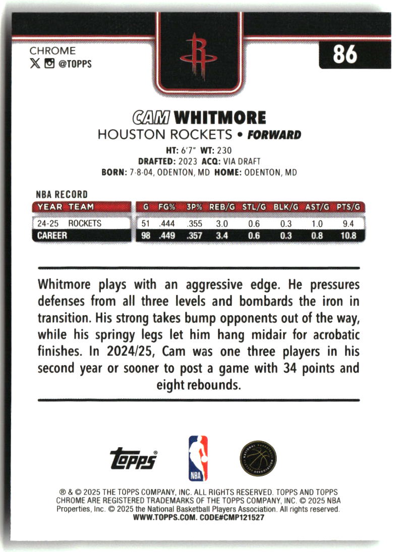 Cam Whitmore 2025-26 Topps Chrome Prism Refractor #86