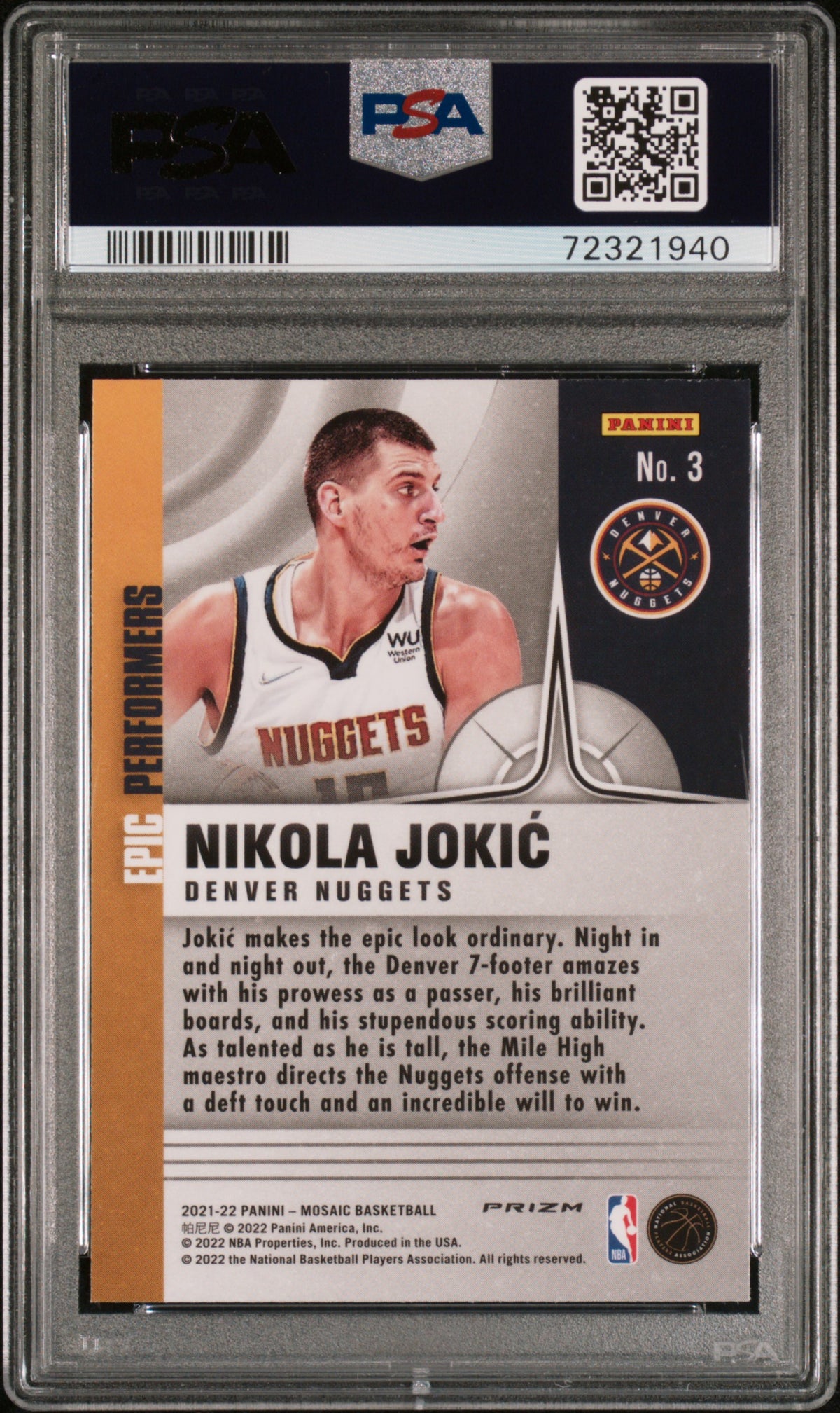 Nikola Jokic 2021 Panini Mosaic Epic Performers #3 PSA 10