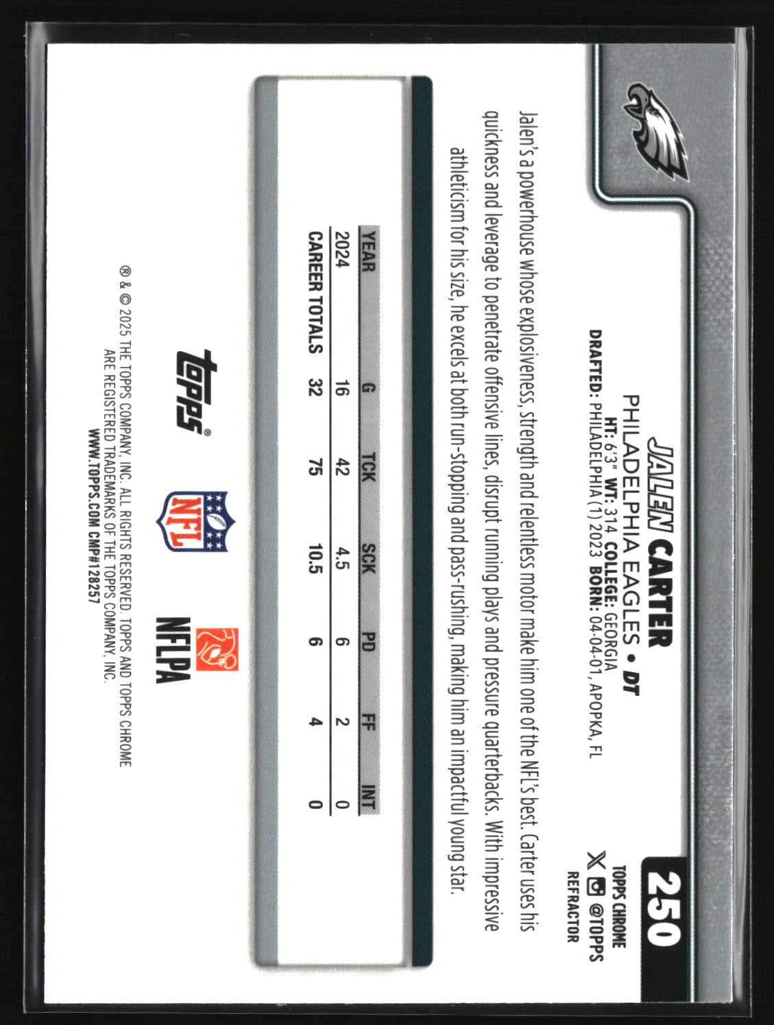 Jalen Carter 2025 Topps Chrome - Topps Refractor #250