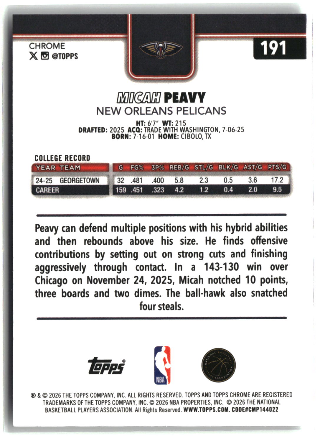 Micah Peavy 2025-26 Topps Chrome Update #191