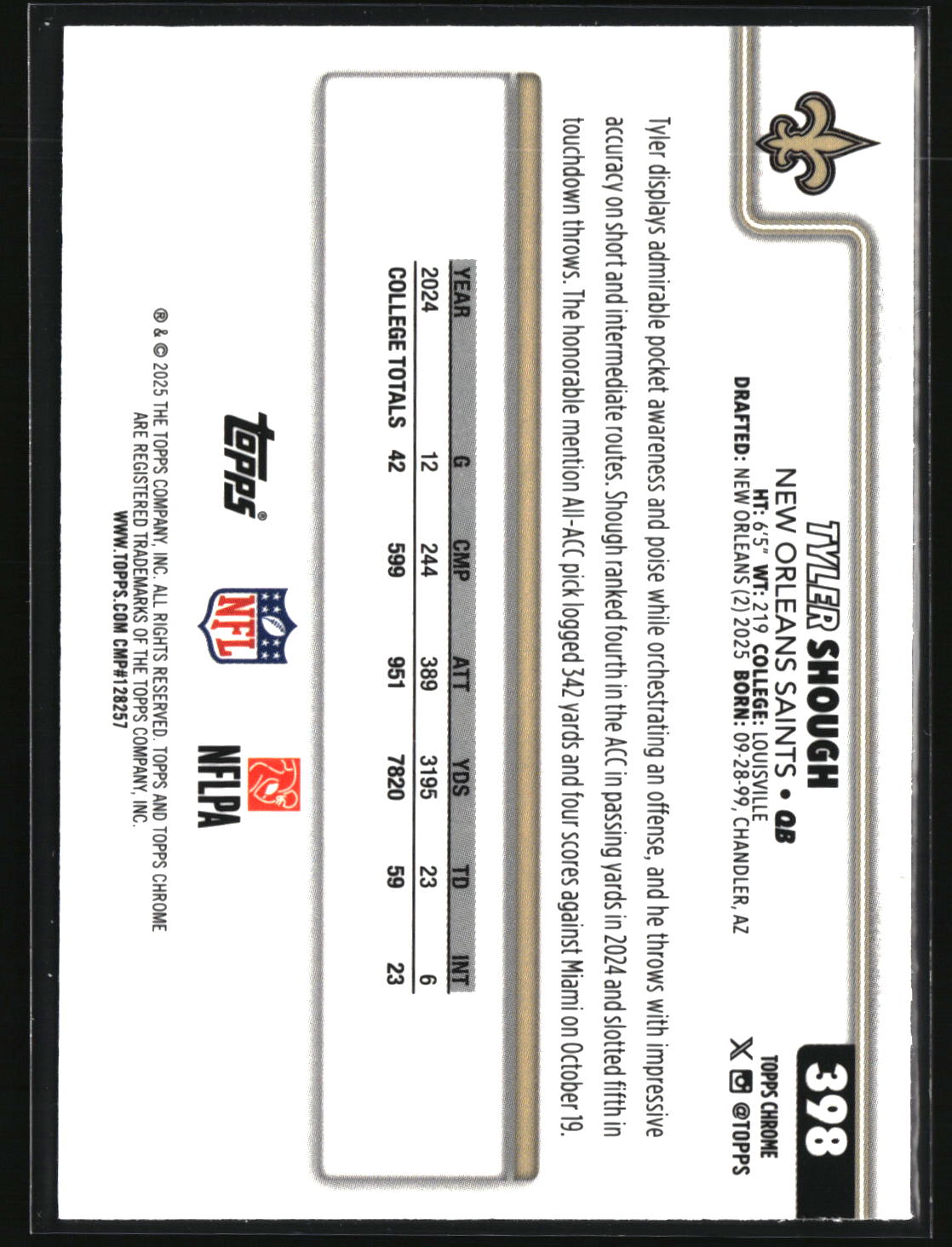 Tyler Shough 2025 Topps Chrome #398