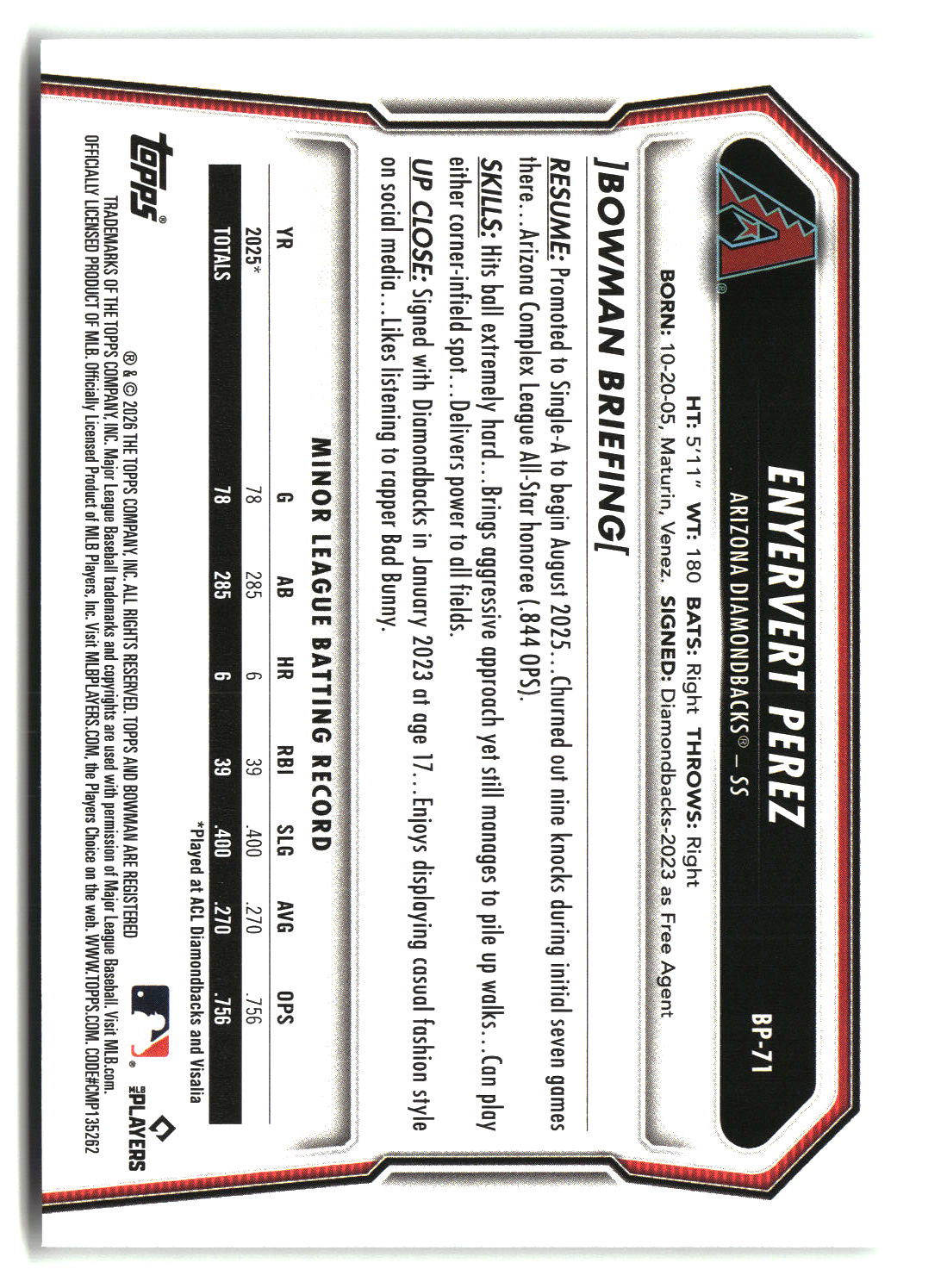 Enyervert Perez 2026 Bowman Prospects #BP-71