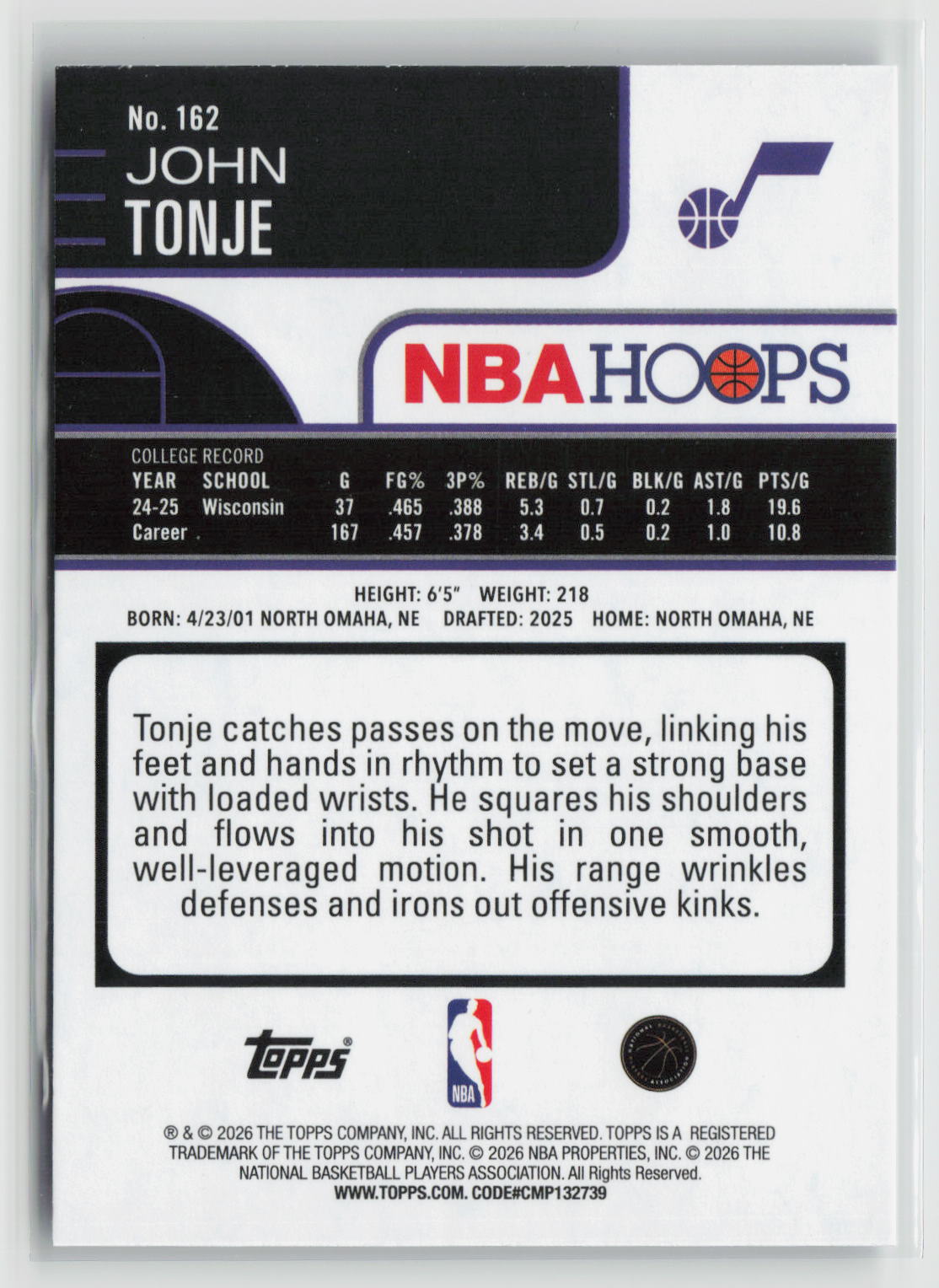 John Tonje 2025-26 Hoops #162