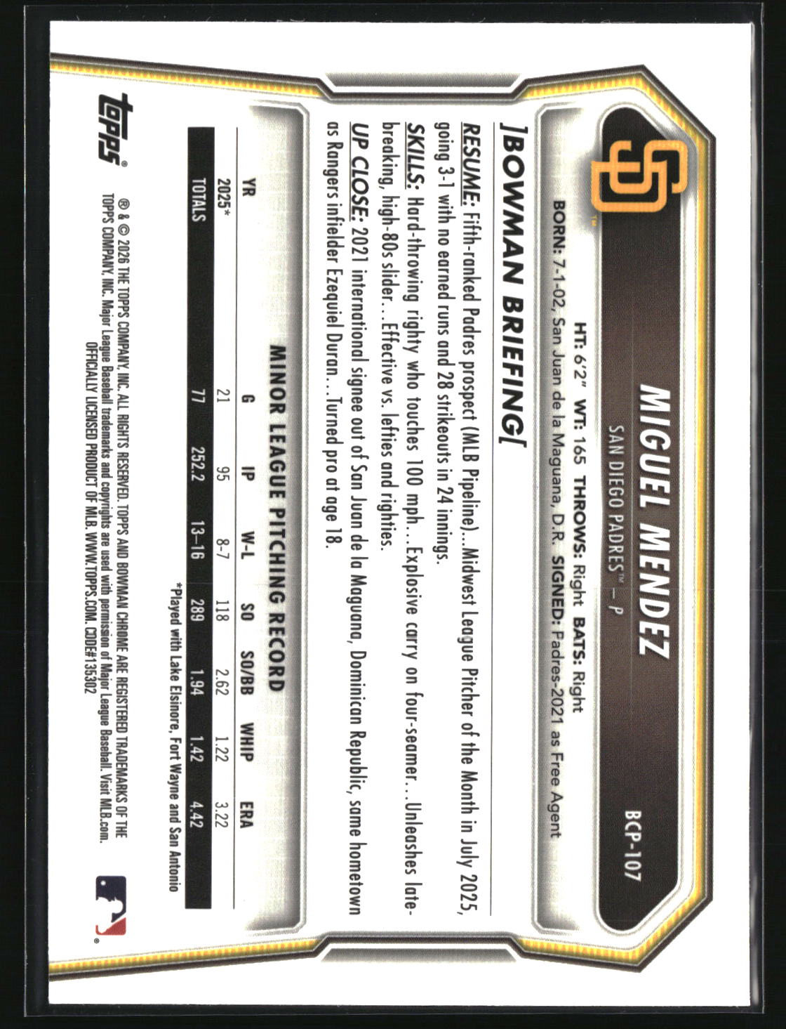 Miguel Mendez 2026 Bowman Chrome Prospects #BCP-107