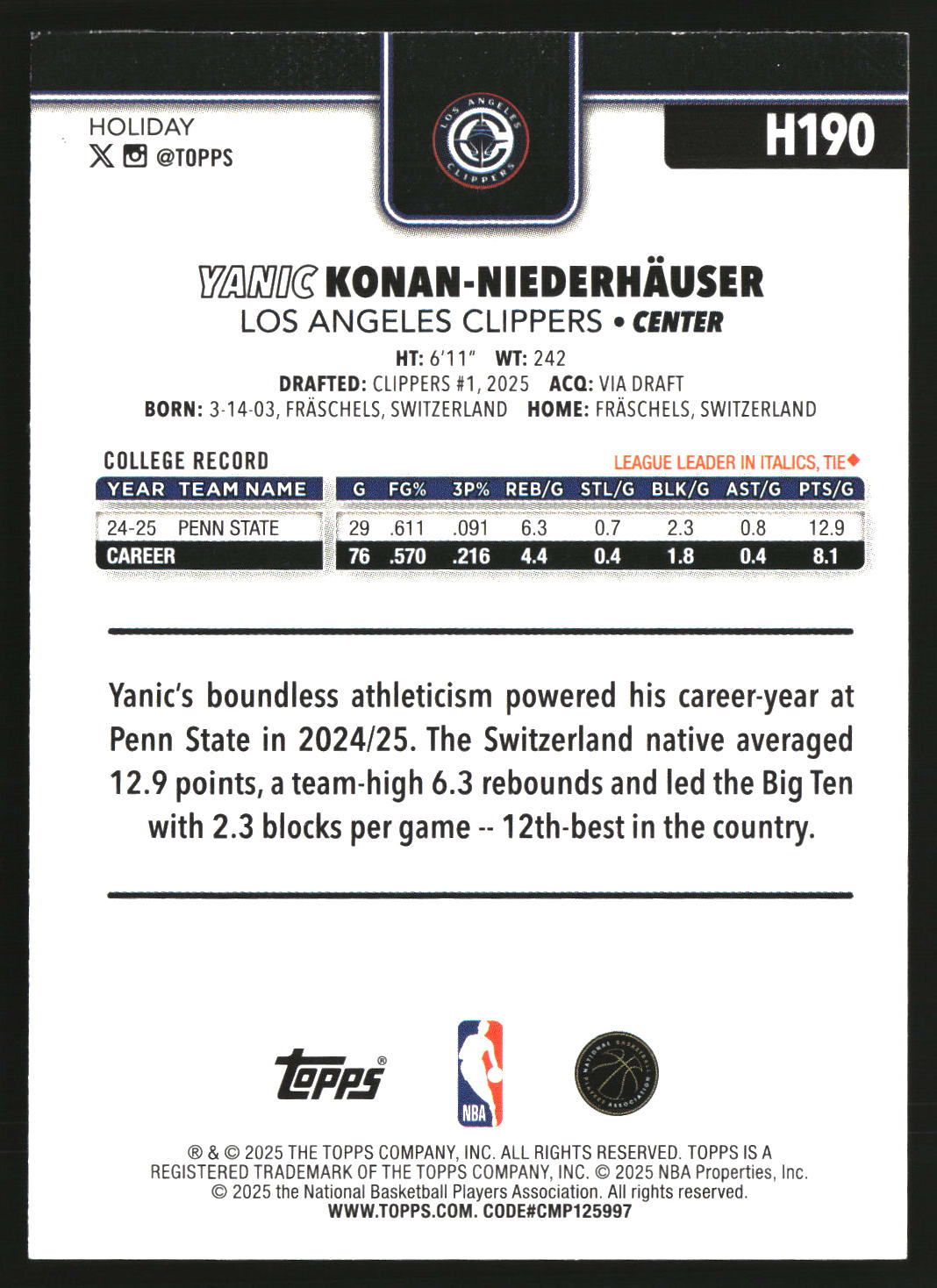 Yanic Konan Niederhauser 2025-26 Topps Holiday #H190