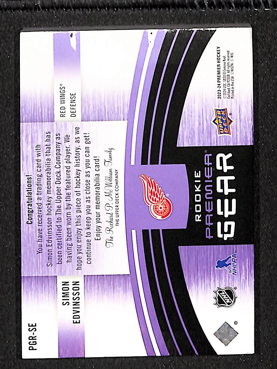 Simon Edvinsson 2023-24 Upper Deck Premier Gear Rookies Button & Tag #PGR-SE #/3