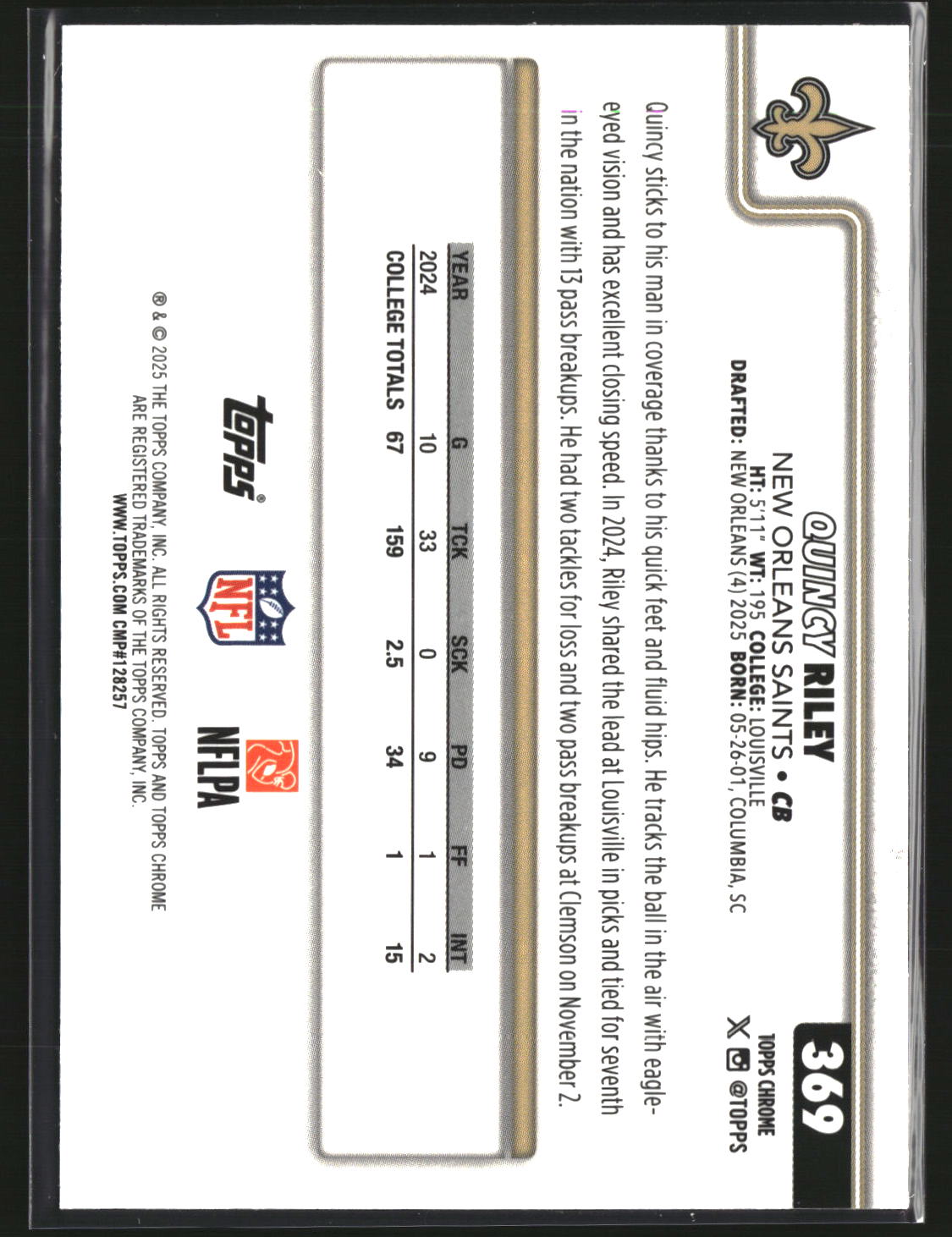 Quikcy Riley 2025 Topps Chrome Football Pulsar Refractor #369