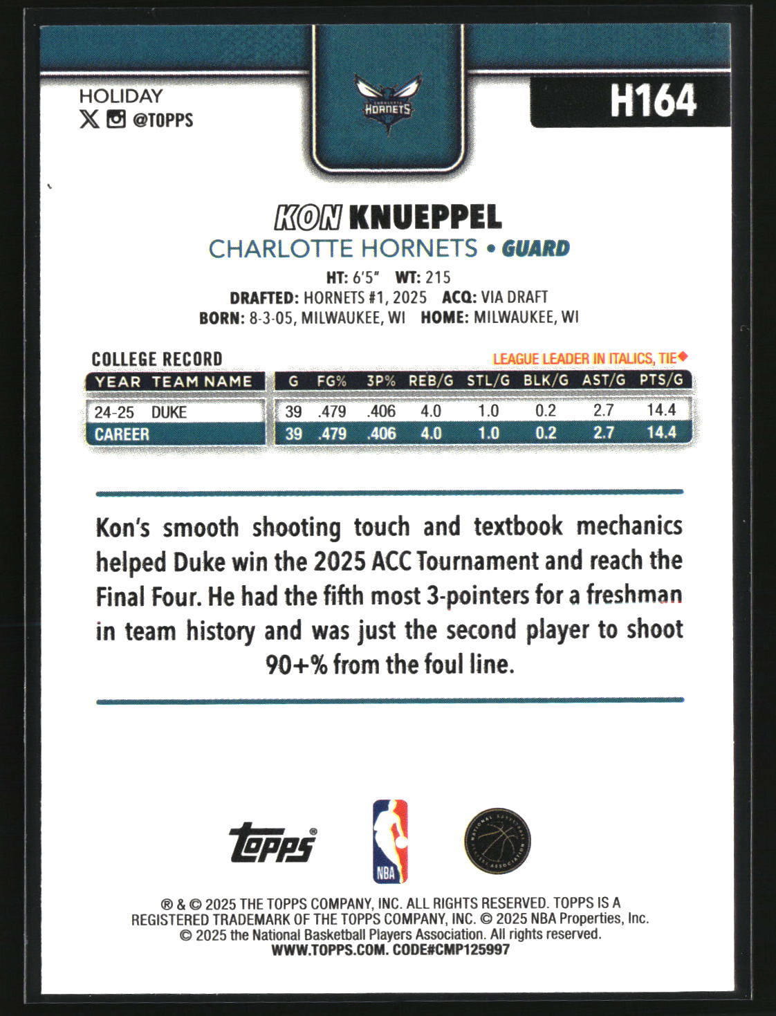 Kon Knueppel 2025-26 Topps Holiday #H164