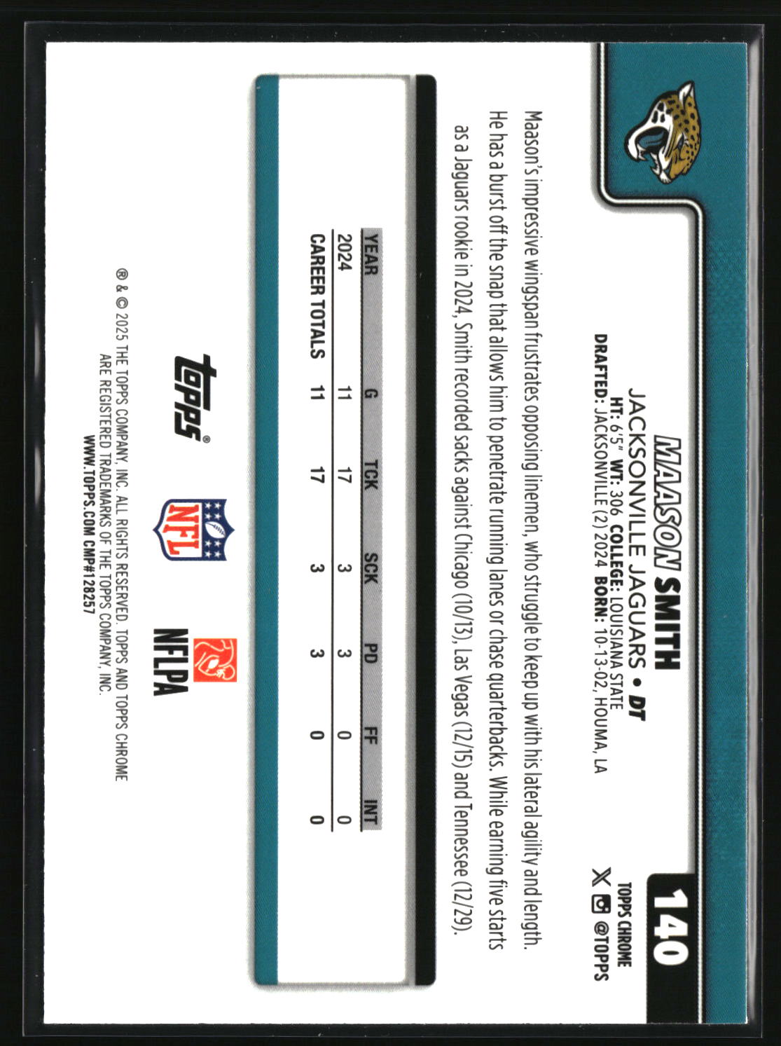 Maason Smith 2025 Topps Chrome Green Refractor #140 #/99