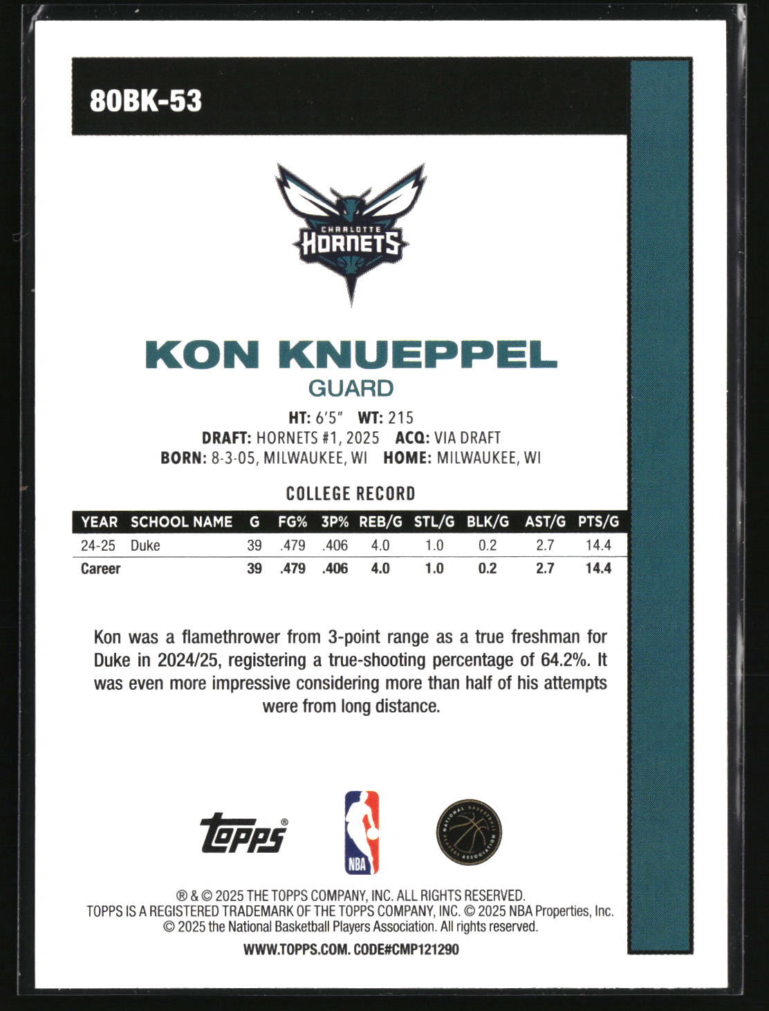 Kon Knueppel 2025-26 Topps 1980-81 Topps Basketball #80BK-53