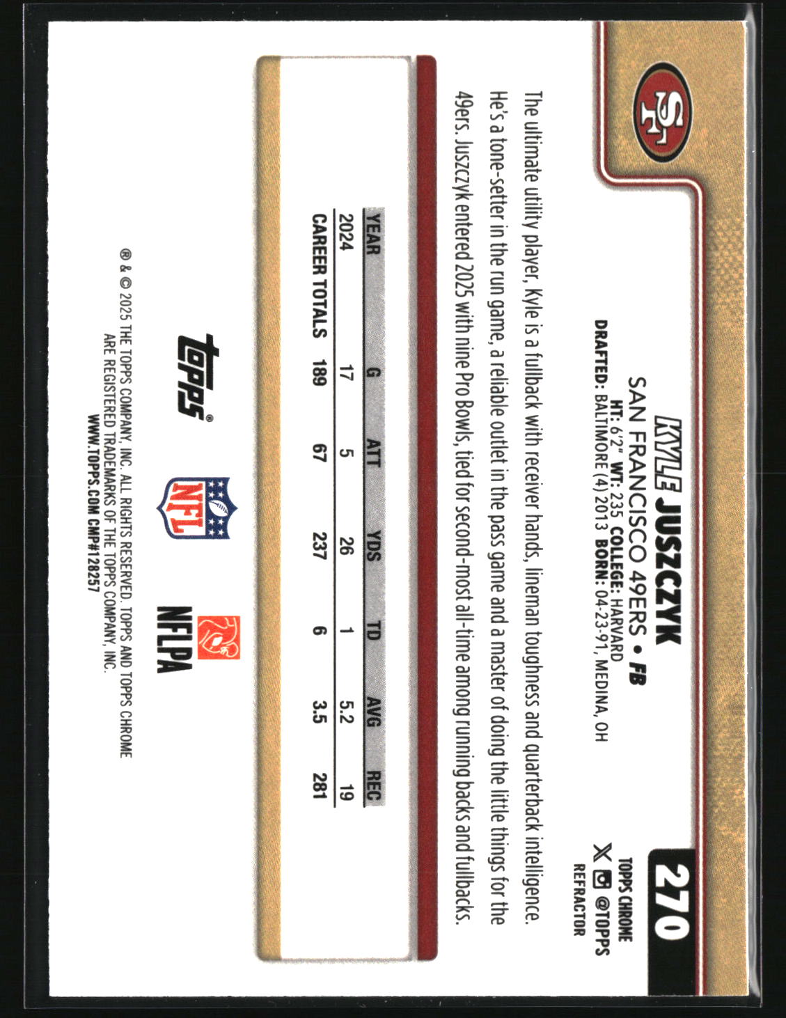 Kyle Juszczyk 2025 Topps Chrome Topps Refractor #270