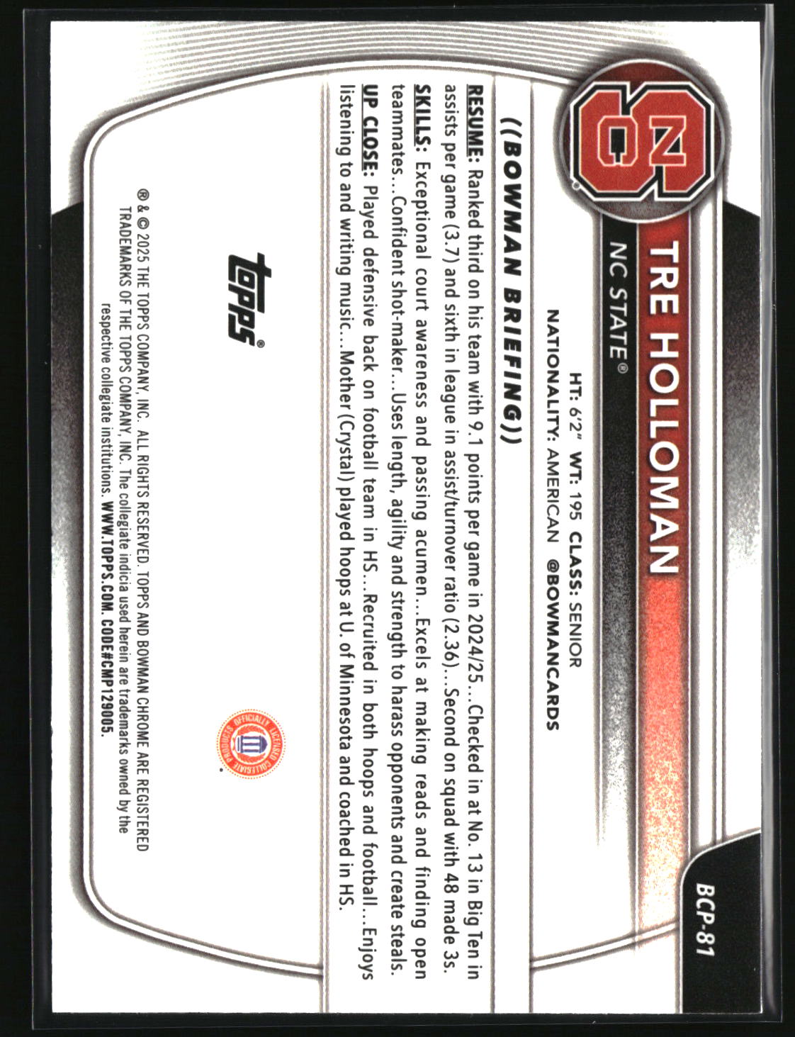 Tre Holloman 2025-26 Bowman Chrome Prospects Reptilian Refractor #BCP-81