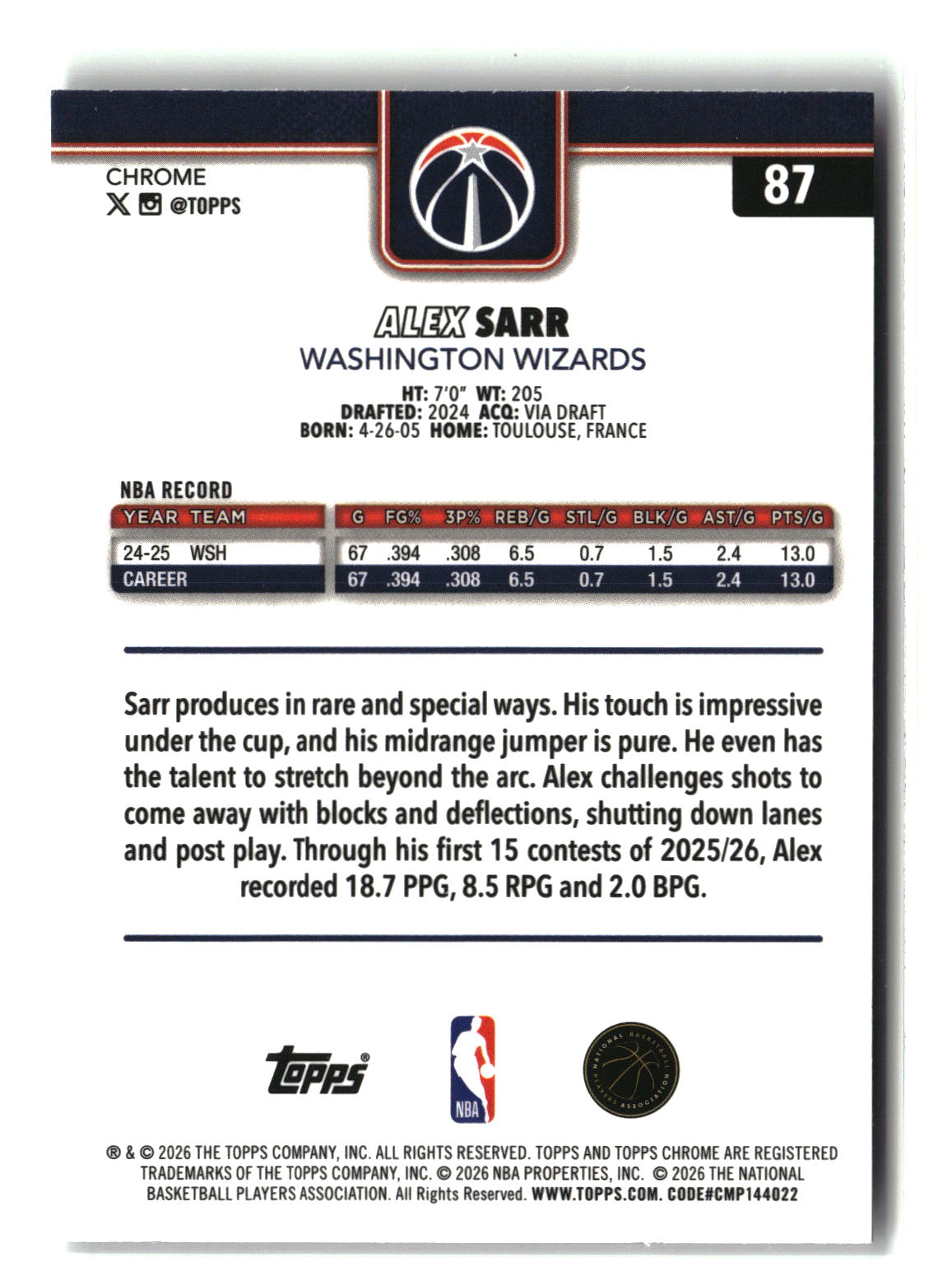 Alex Sarr 2025-26 Topps Chrome Update Prism Refractor #87