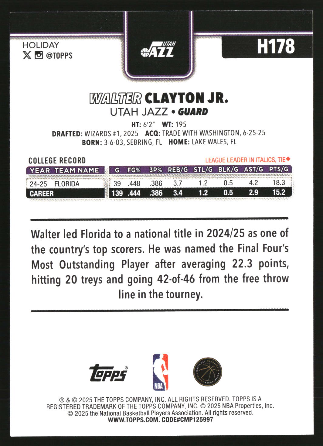 Walter Clayton Jr. 2025-26 Topps Holiday #H178