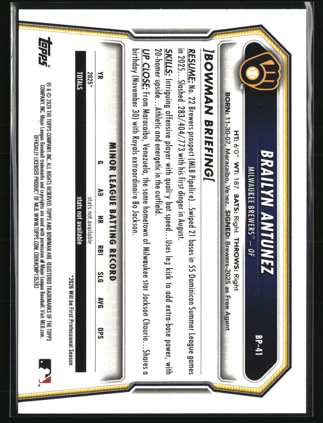 Brailyn Antunez 2026 Bowman Prospects #BP-41