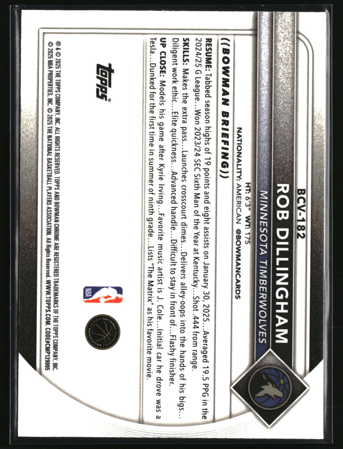 Rob Dillingham 2025-26 Bowman Chrome Reptilian Refractor #BCV-182