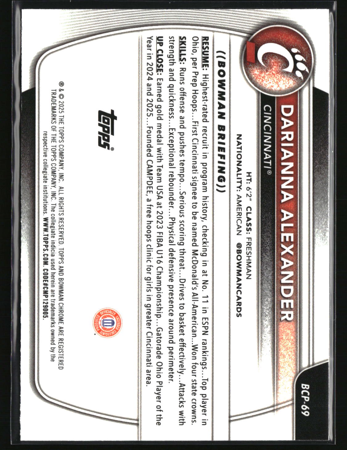Darriana Alexander 2025-26 Bowman Chrome Prospects Reptilian Refractor #BCP-69