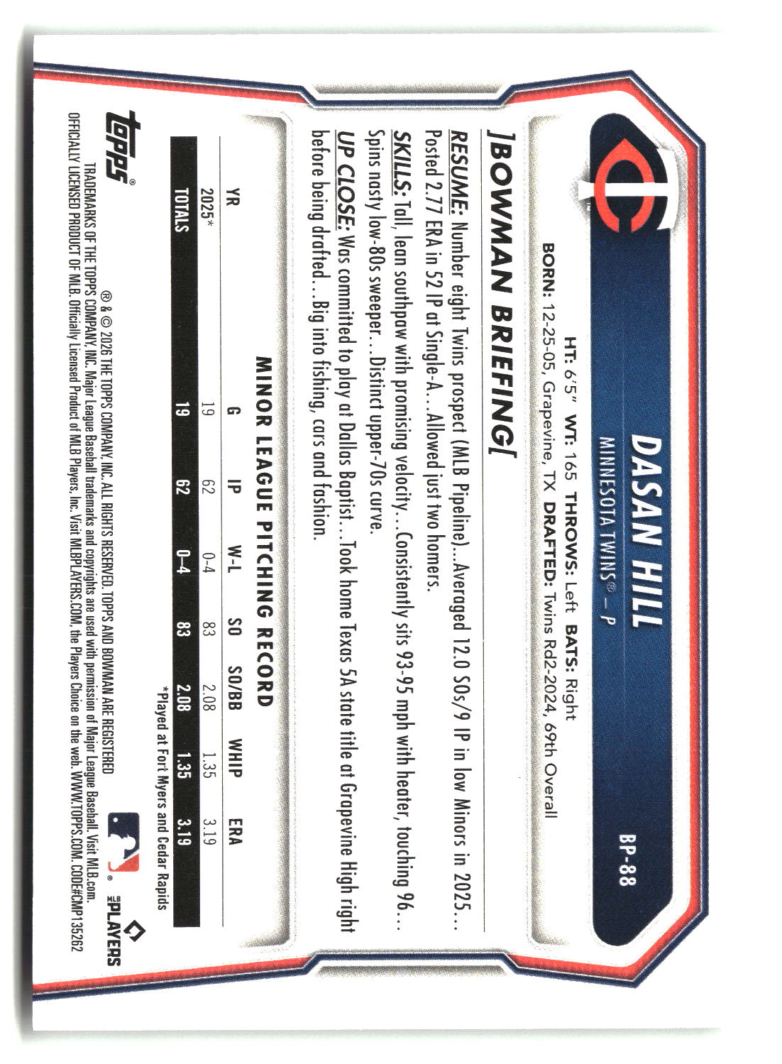 Dasan Hill 2026 Bowman Prospects #BP-88