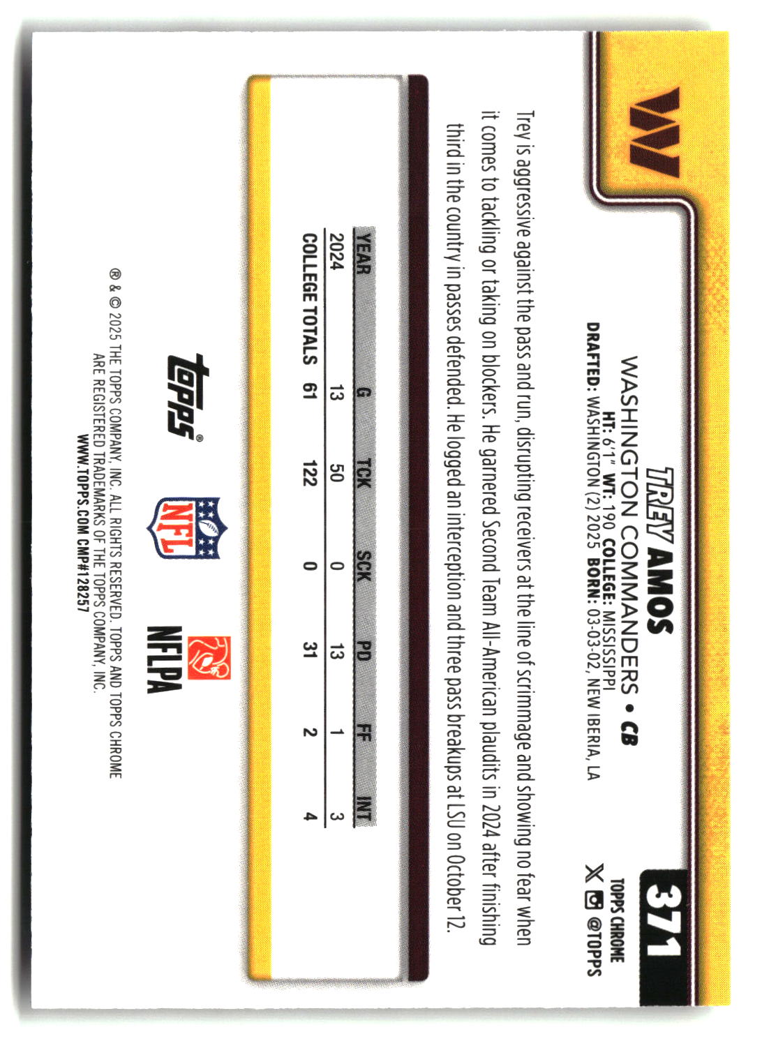 Trey Amos 2025 Topps Chrome #371