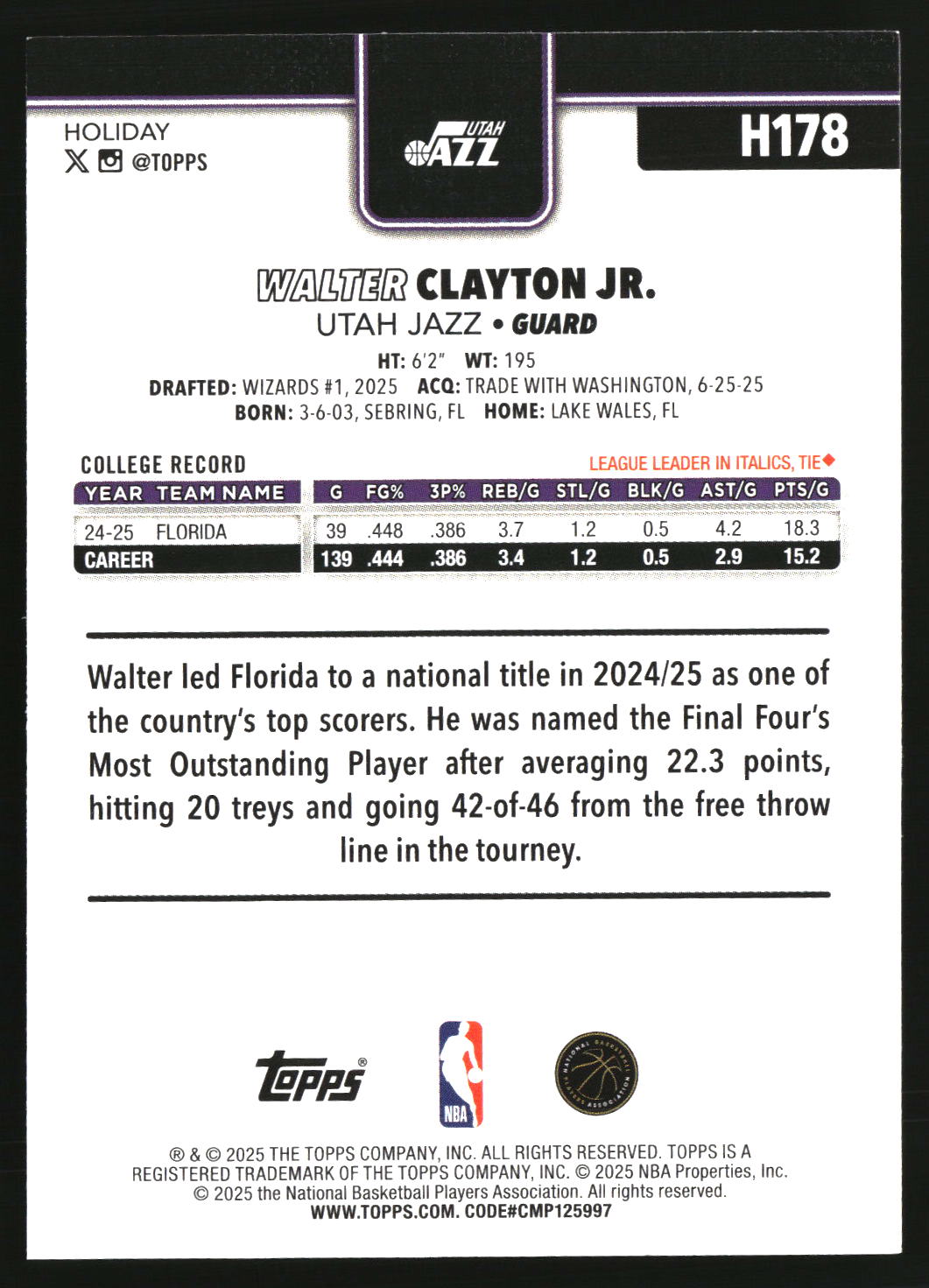 Walter Clayton Jr. 2025-26 Topps Holiday #H178
