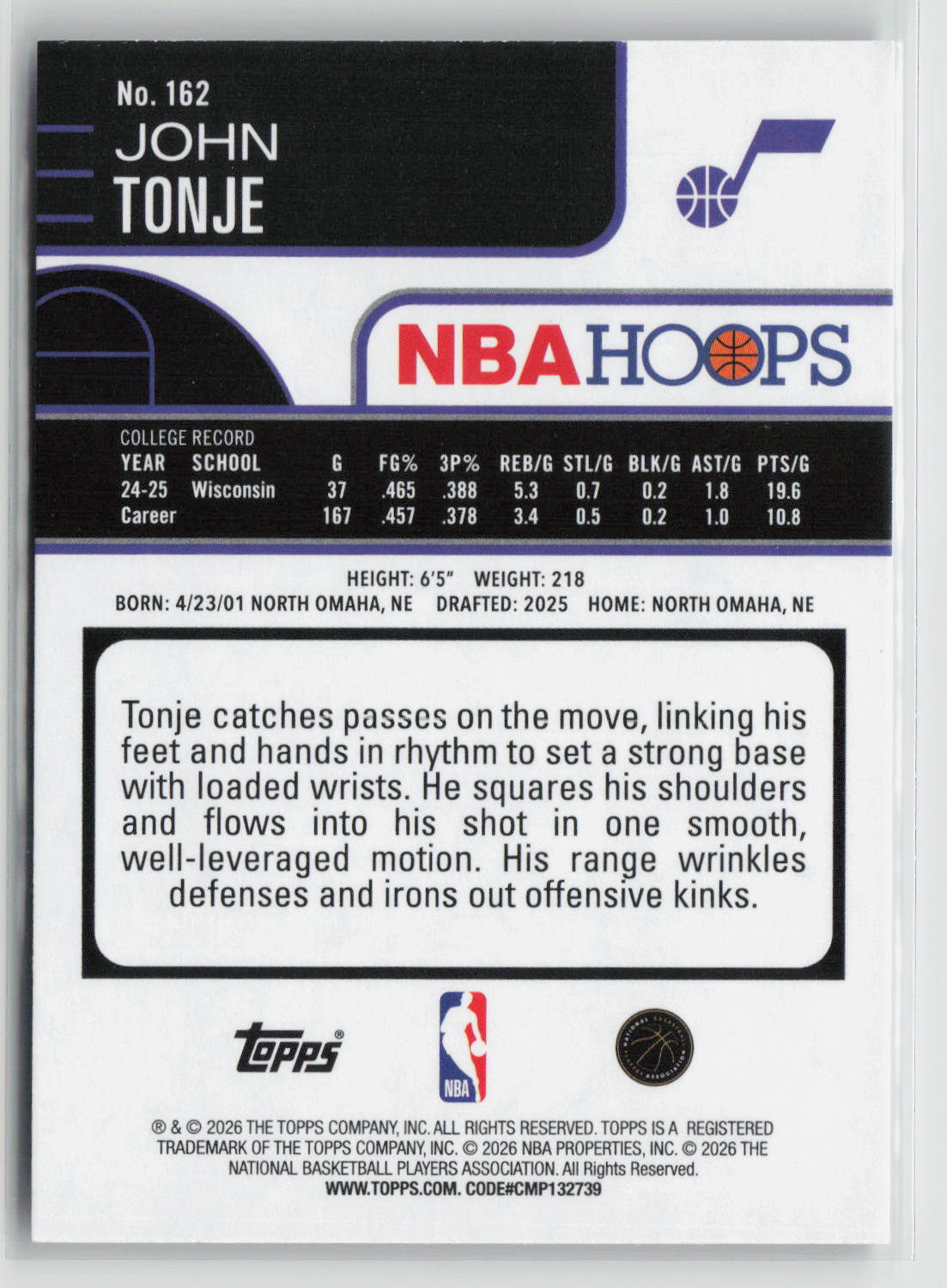 John Tonje 2025-26 Hoops #162