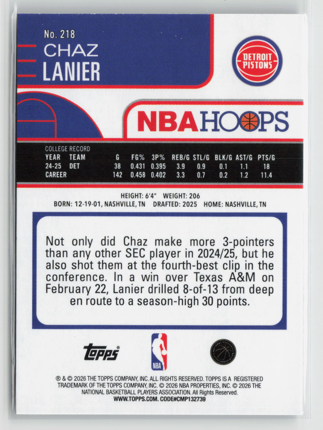 Chaz Lanier 2025-26 Hoops #218