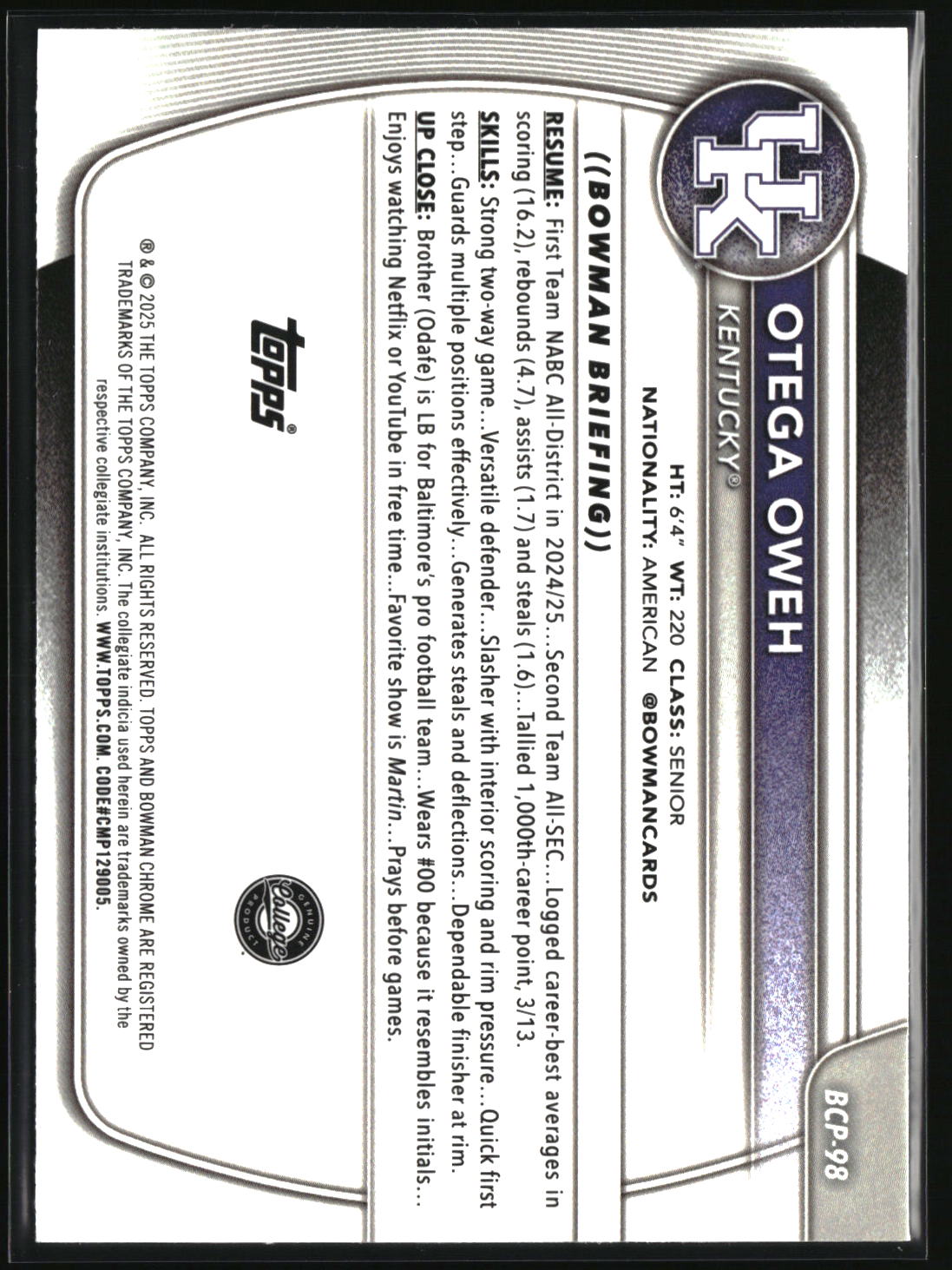 Otega Oweh 2025-26 Bowman Chrome Prospects Reptilian Refractor #BCP-98