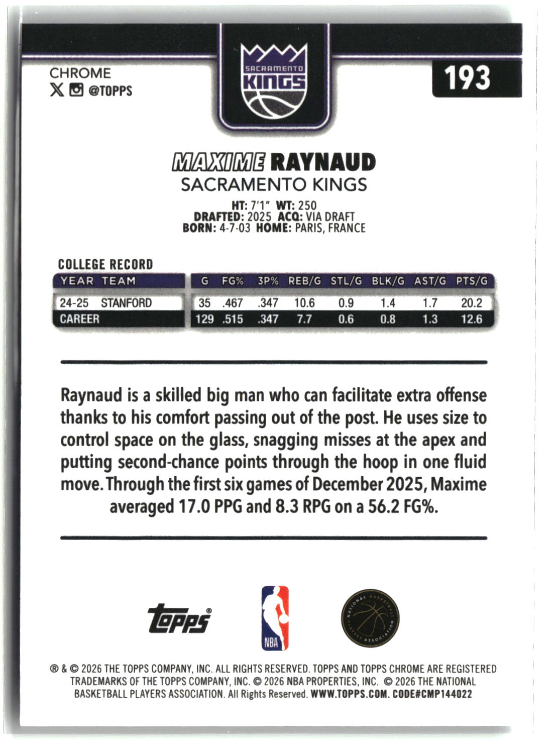 Maxime Raynaud 2025-26 Topps Chrome Update #193