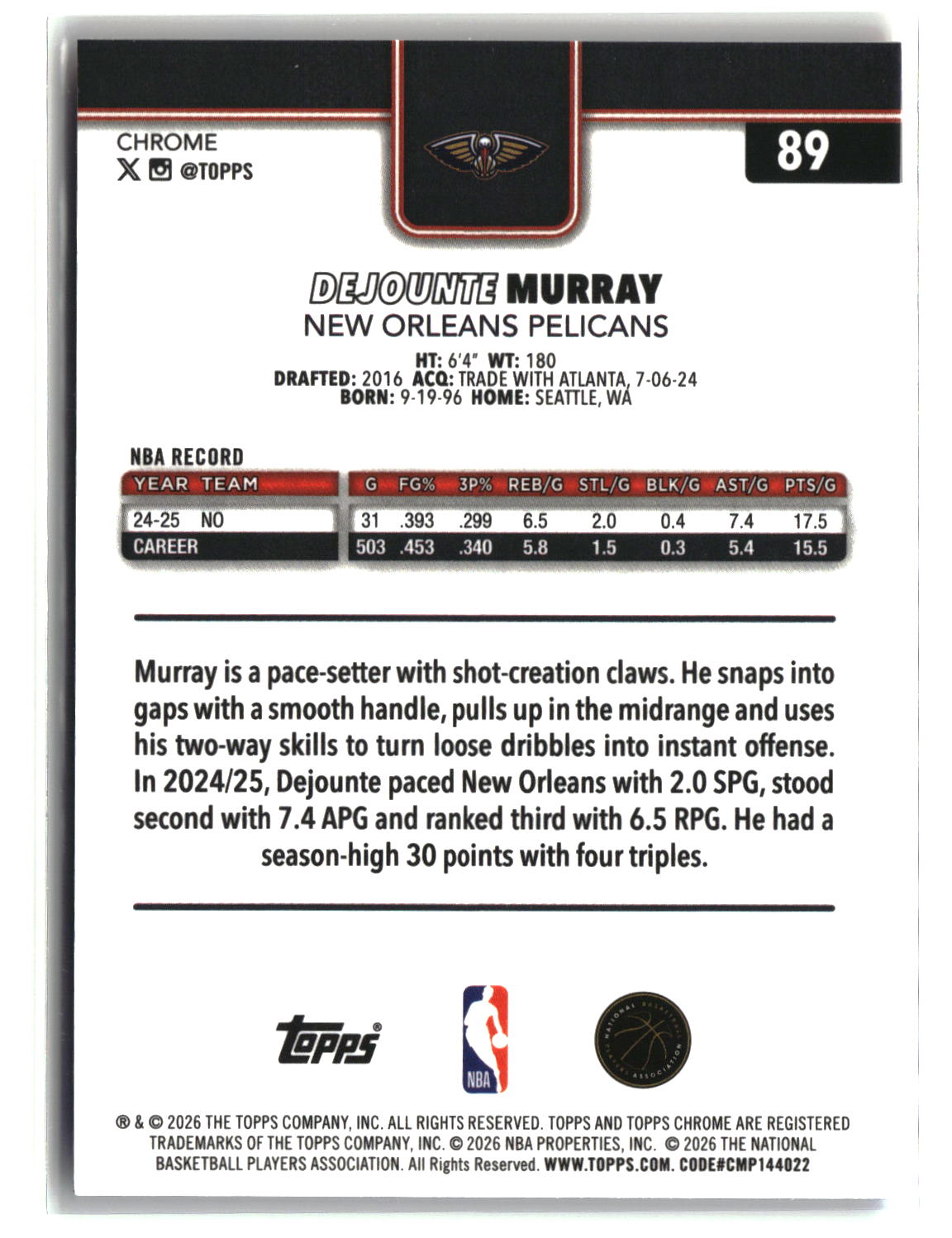 Dejounte Murray 2025-26 Topps Chrome Update Red White and Blue Refractor #89
