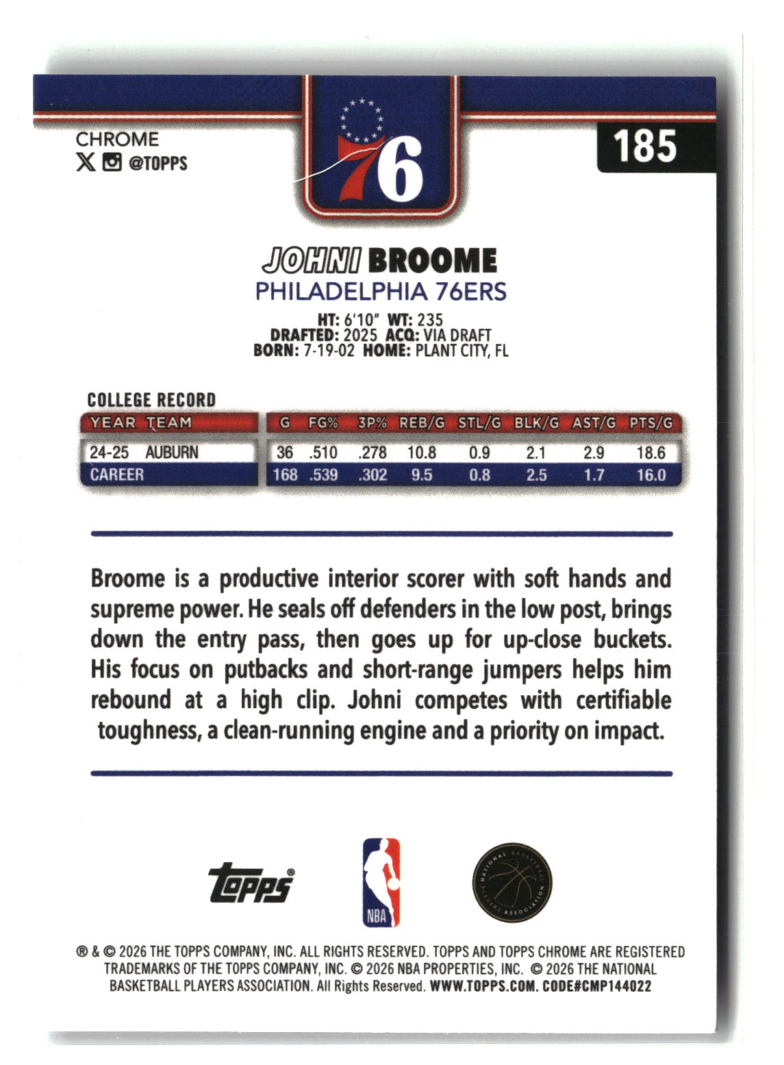 Johni Broome 2025-26 Topps Chrome Update #185