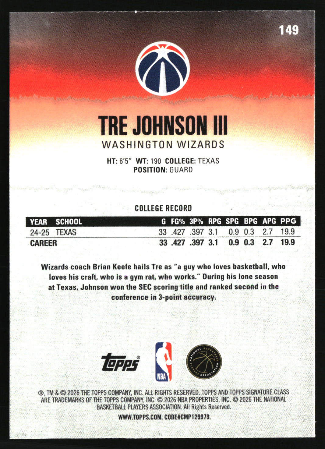 Tre Johnson III 2025-26 Topps Signature Class #149