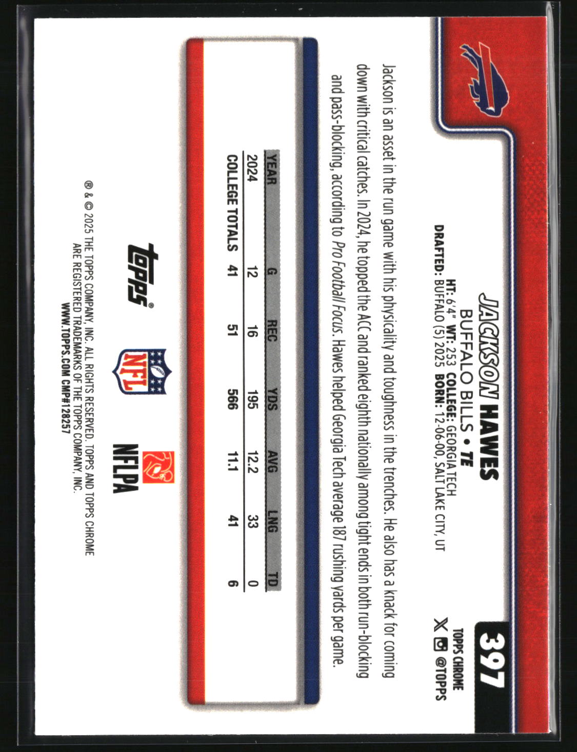 Jackson Hawes 2025 Topps Chrome Football #397
