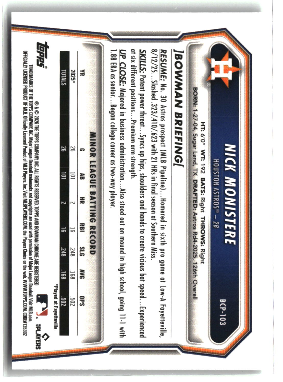 Nick Monistere 2026 Bowman Chrome Prospects #BCP-103