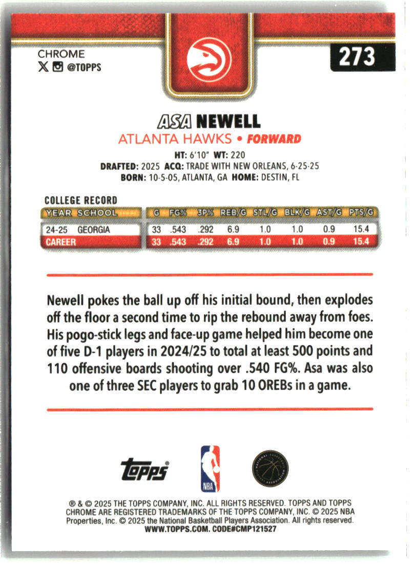 Asa Newell 2025-26 Topps Chrome #273